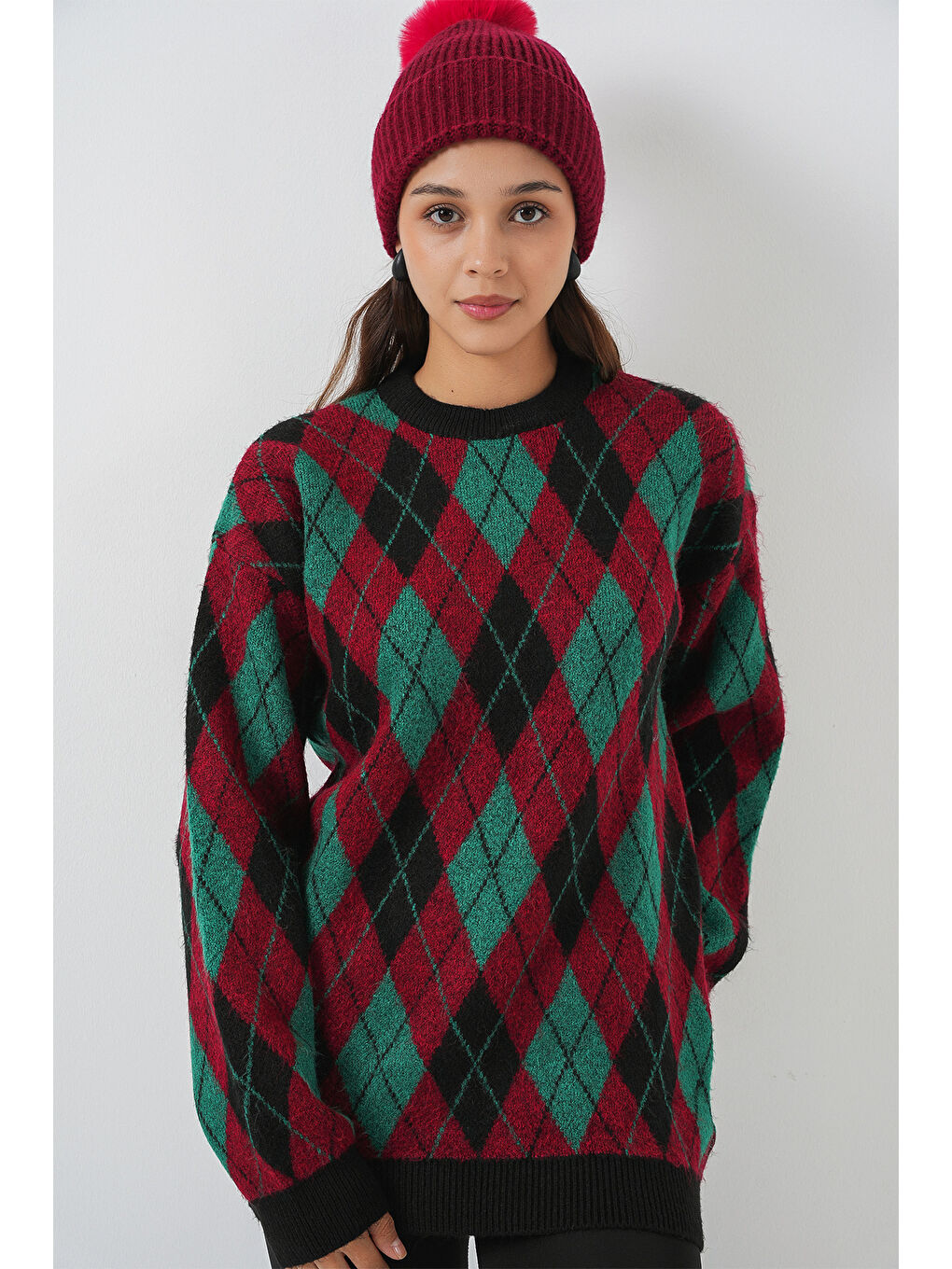 Kadın Baklava Desenli Triko Kazak 15929 - Bordo-2