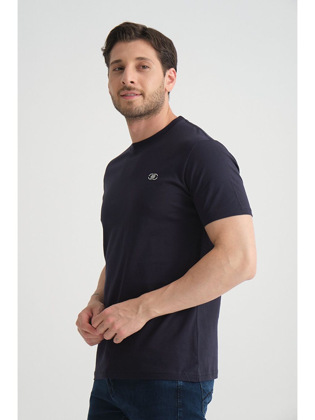Lacivert  Erkek T-shirt Nefes Alabilen Esnek Pamuklu Kumaş Regular Kalıp Minimal Logolu-6