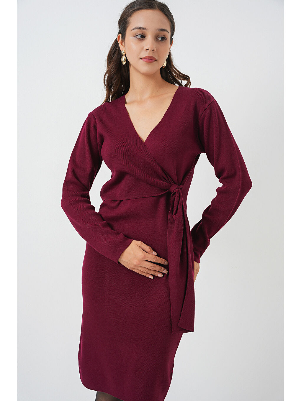 Kadın Kruvaze Yaka Triko Elbise 15928 - Bordo-2