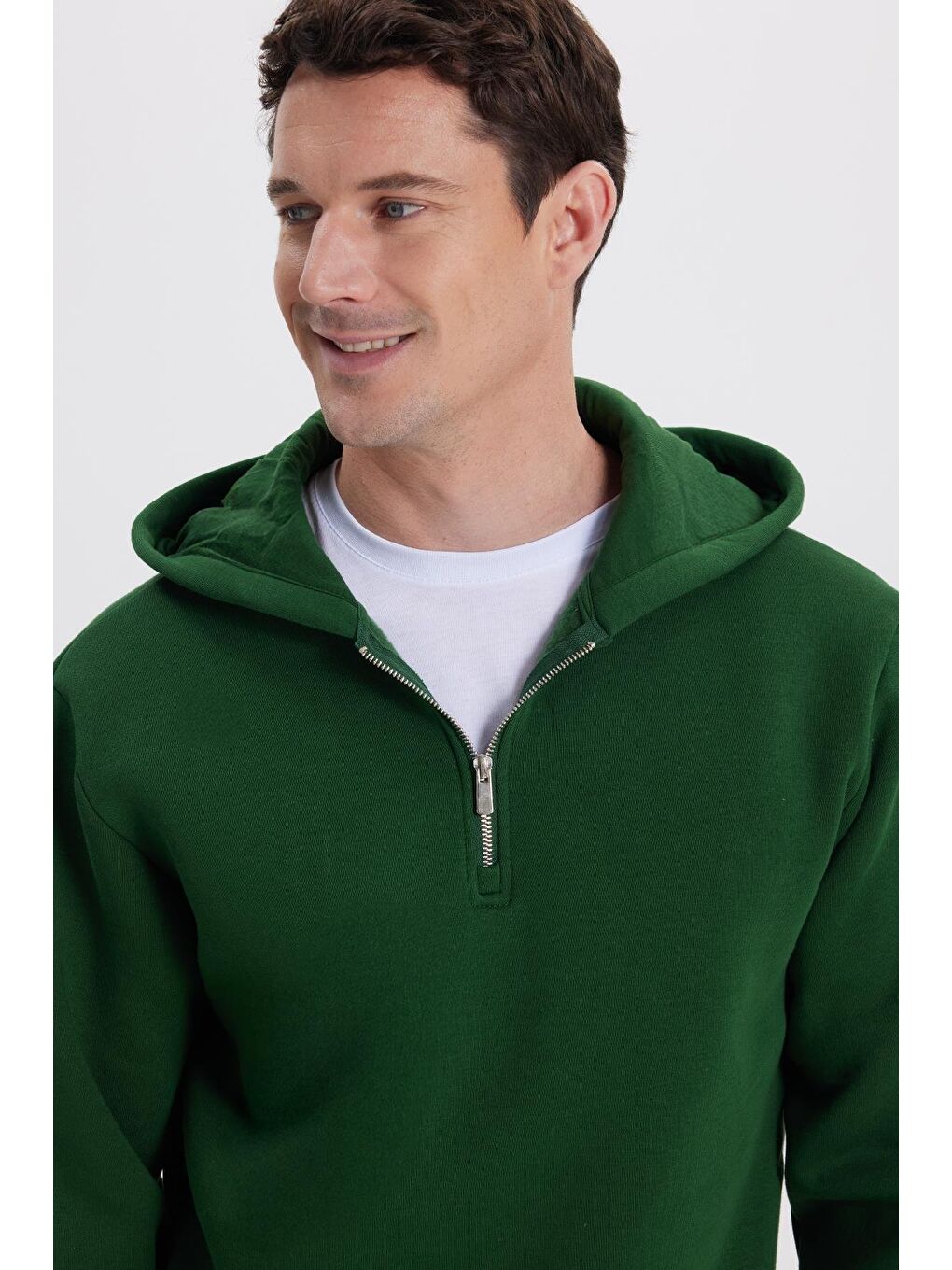 Unisex Relax Fit Rahat Kesim Pamuklu İçi Polarlı Yarım Fermuarlı Yeşil Kapüşonlu Sweatshirt-1