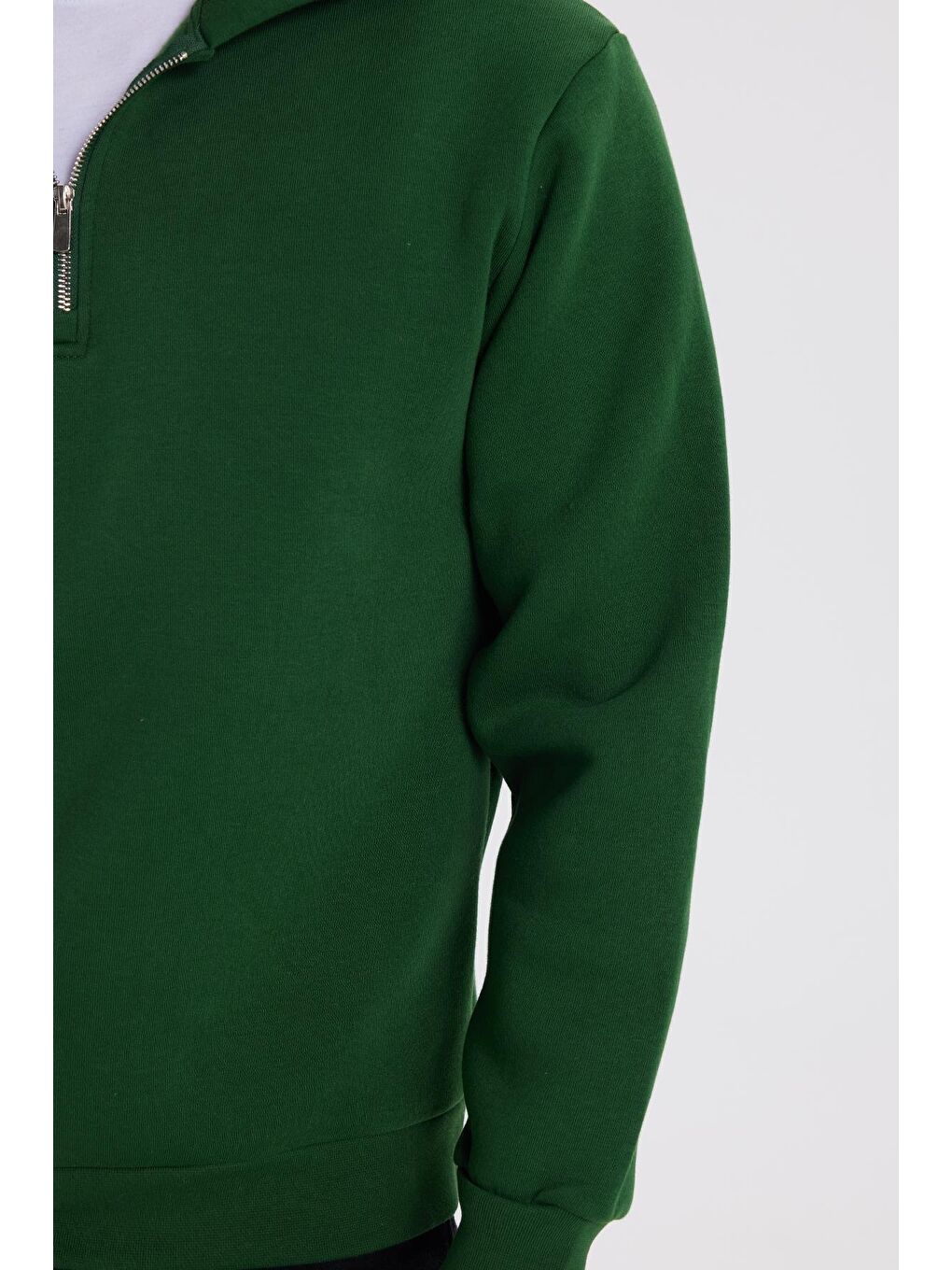 Unisex Relax Fit Rahat Kesim Pamuklu İçi Polarlı Yarım Fermuarlı Yeşil Kapüşonlu Sweatshirt-2