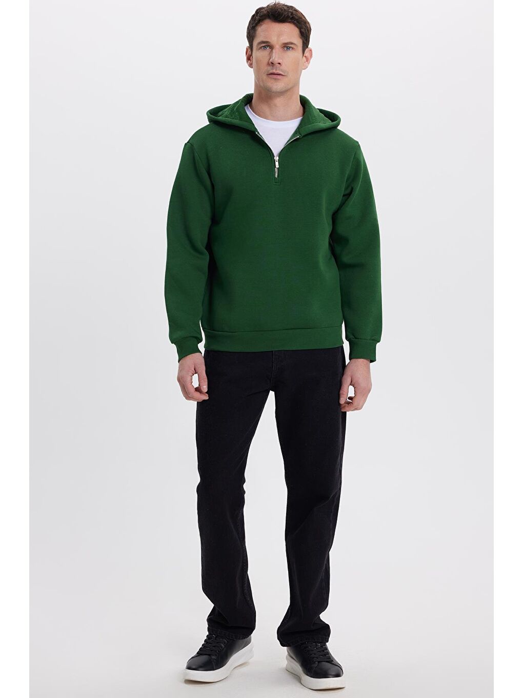 Unisex Relax Fit Rahat Kesim Pamuklu İçi Polarlı Yarım Fermuarlı Yeşil Kapüşonlu Sweatshirt-3
