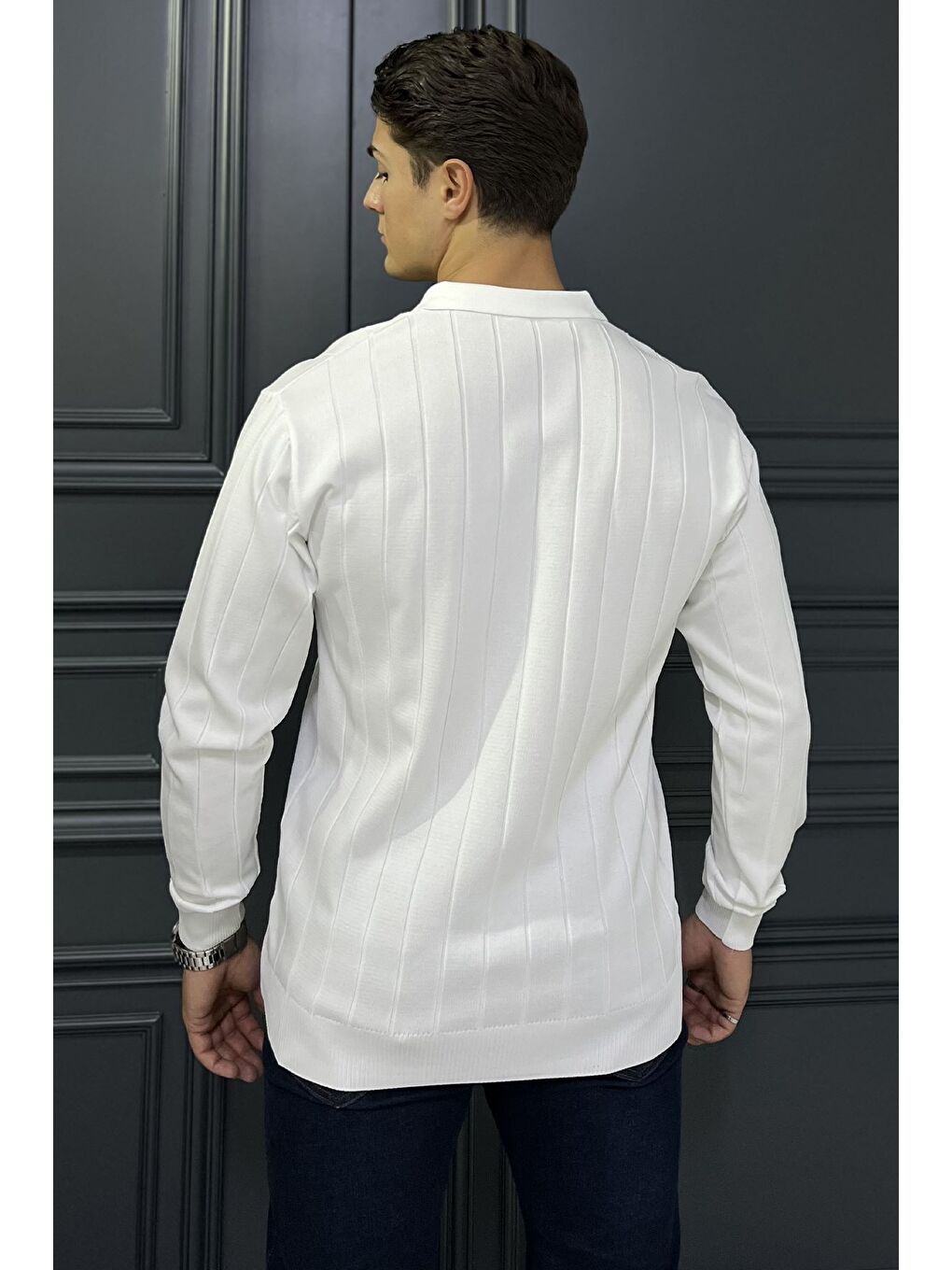 Beyaz Polo Yaka Çizgi Desenli Erkek Triko Kazak-2