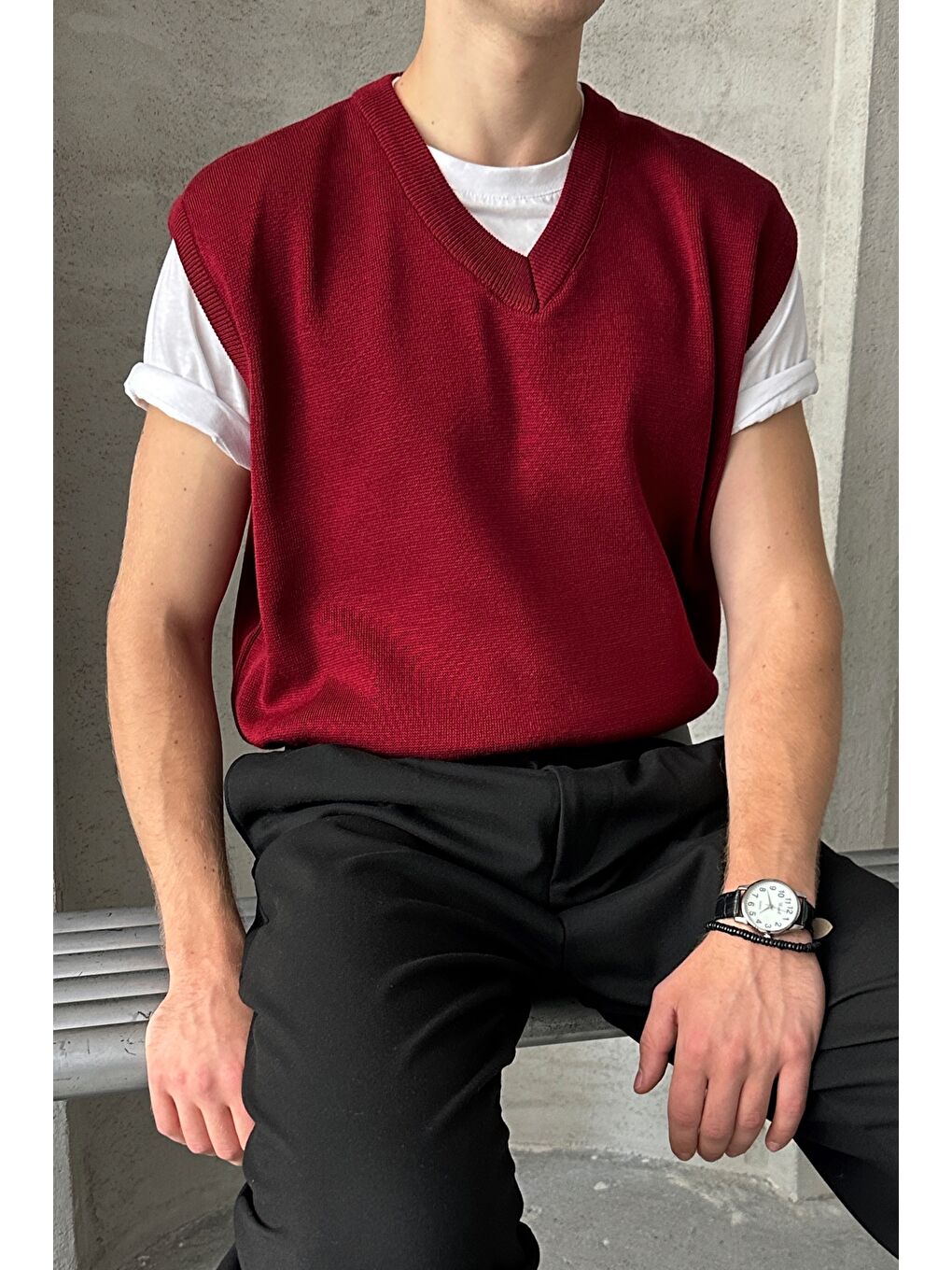 Bordo Erkek V Yaka Oversize Süveter-1