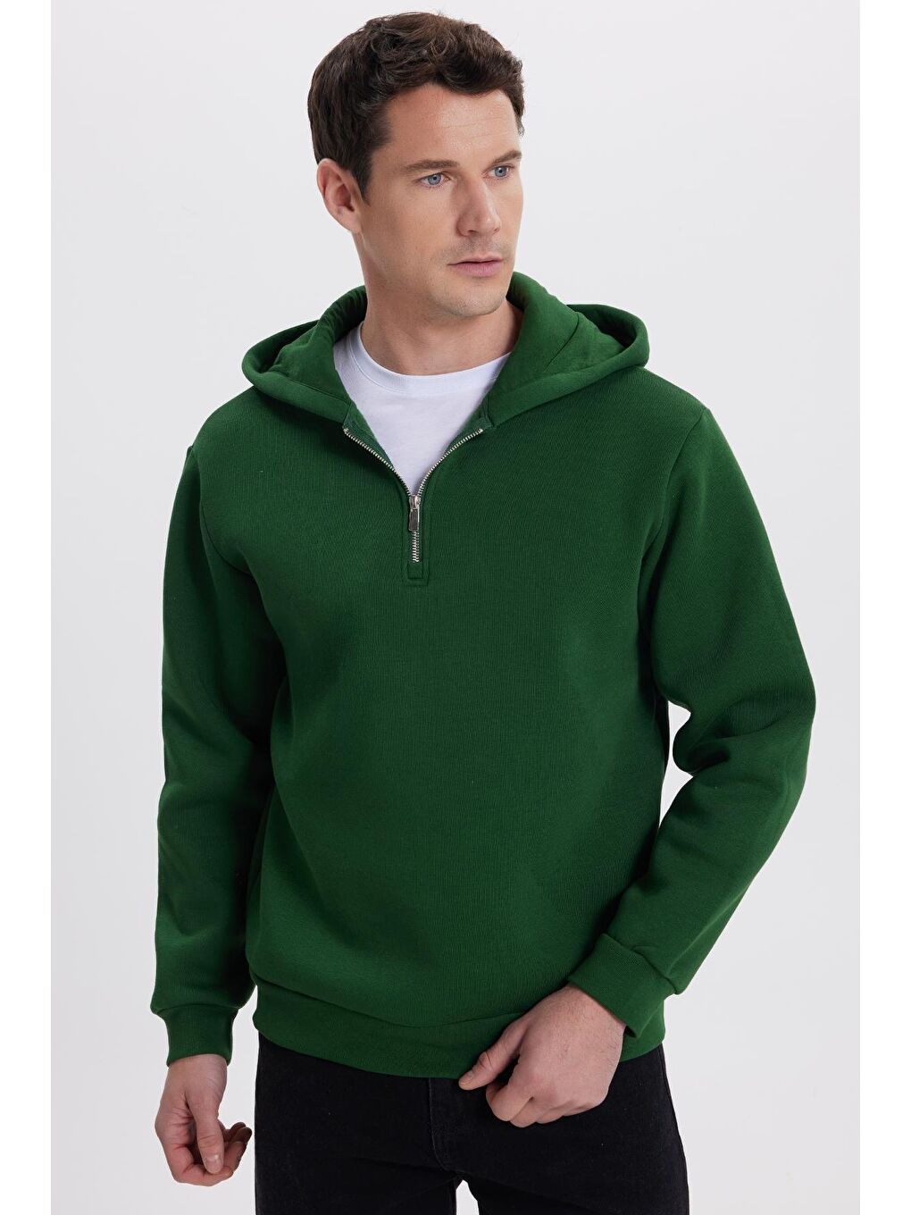 Unisex Relax Fit Rahat Kesim Pamuklu İçi Polarlı Yarım Fermuarlı Yeşil Kapüşonlu Sweatshirt-4