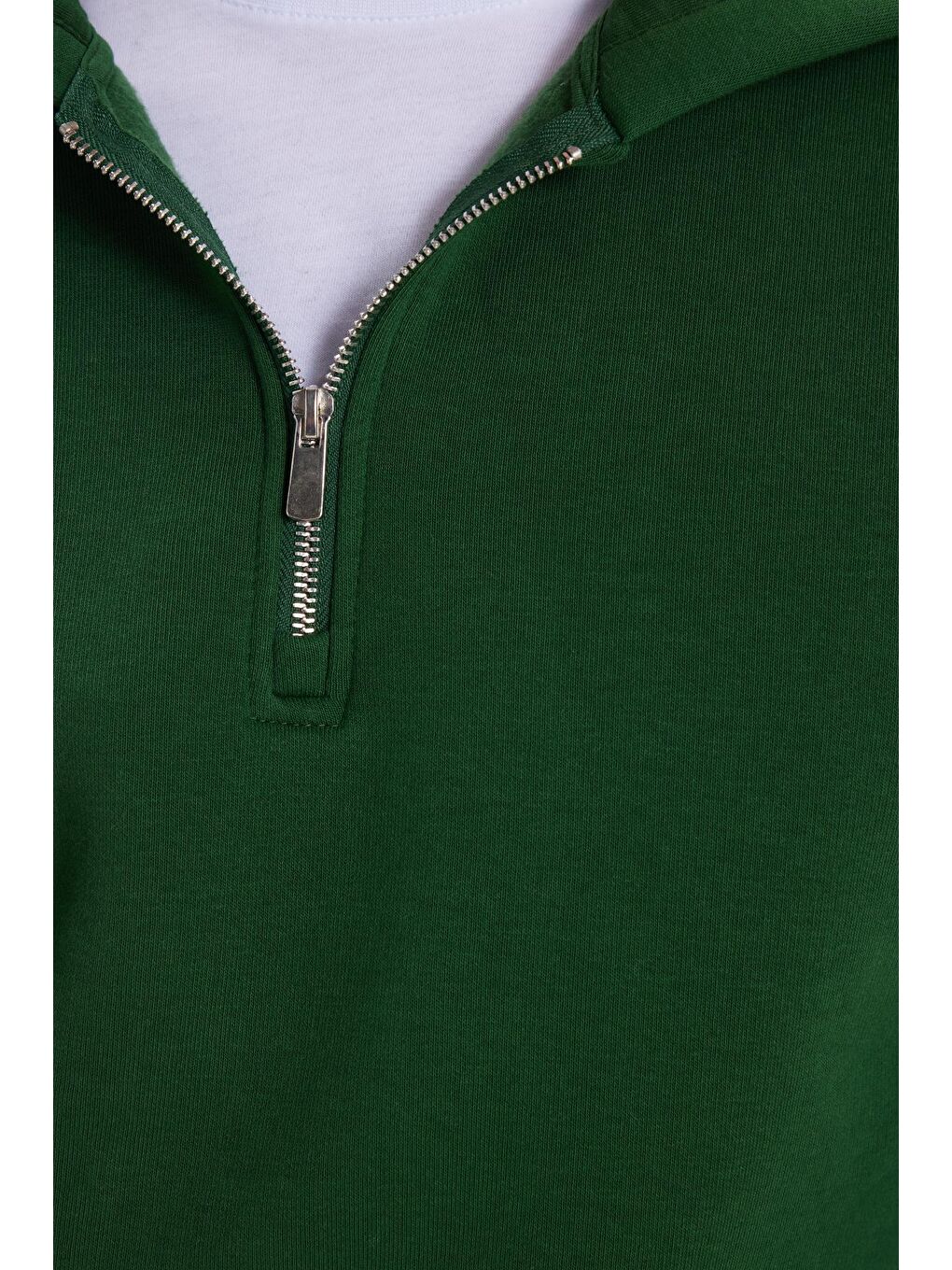 Unisex Relax Fit Rahat Kesim Pamuklu İçi Polarlı Yarım Fermuarlı Yeşil Kapüşonlu Sweatshirt-5