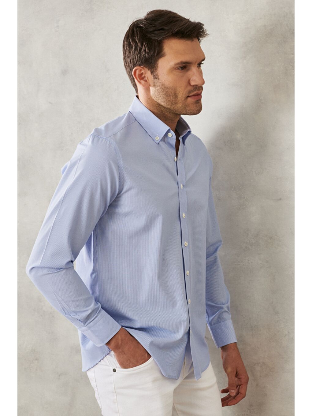 Erkek Mavi Slim Fit Dar Kesim Oxford Düğmeli Yaka Pötikareli Pamuklu Gömlek-5