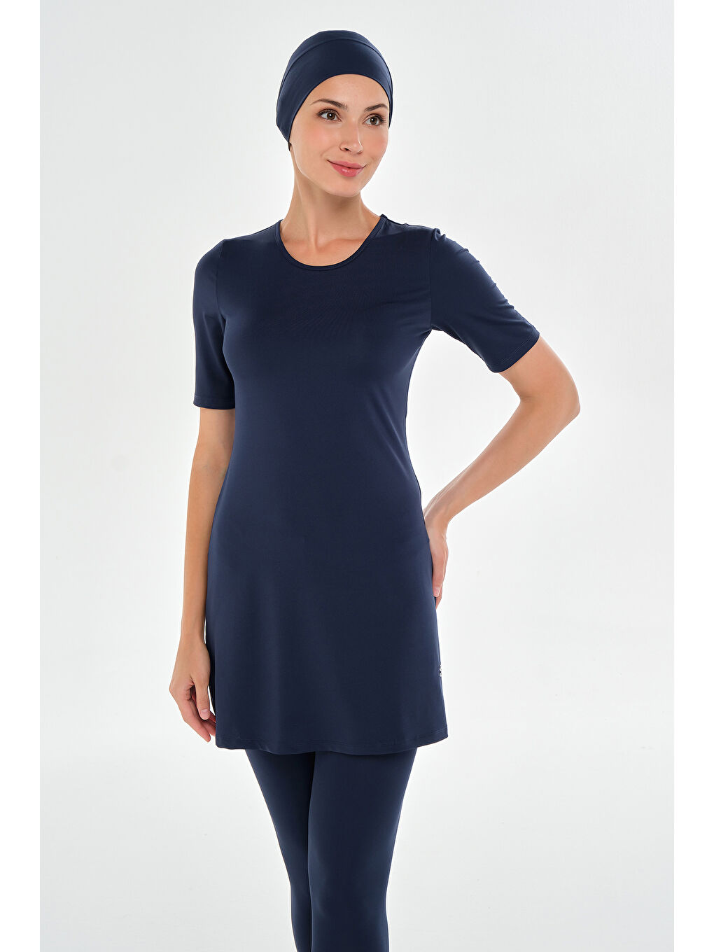 Büyük Beden Kısa Kollu Taytlı Elastanlı Yarı Kapalı Mayo 2606 Koyu Lacivert-3