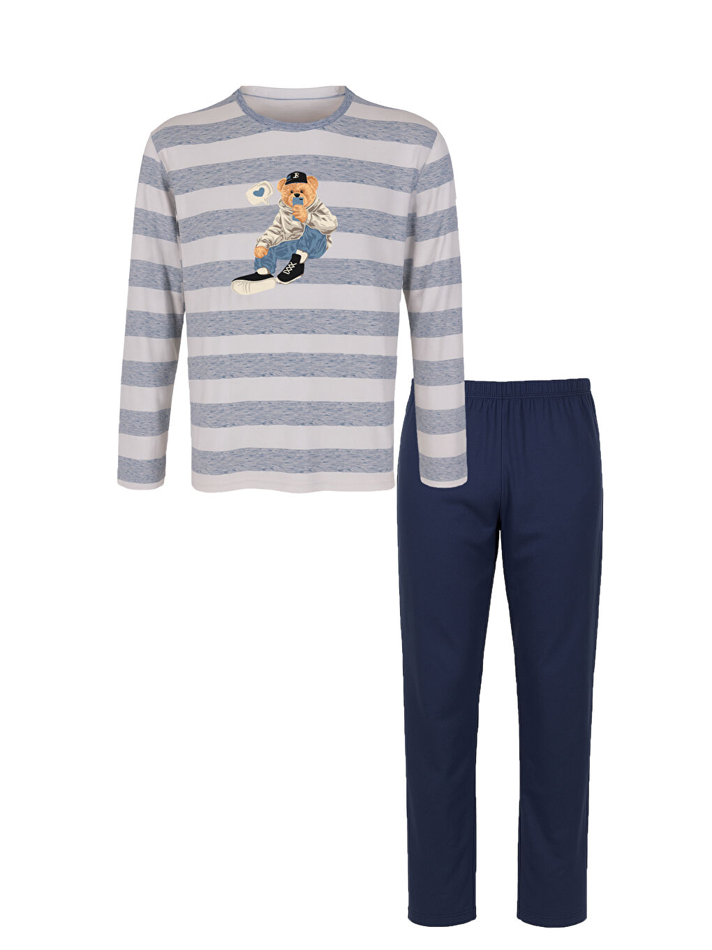 Lacivert Erkek Pamuklu Uzun Kollu Üst Ayıcık Baskılı %100 Pamuk Pijama Takımı