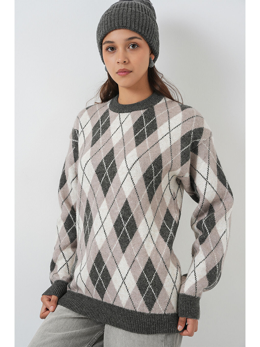 Kadın Baklava Desenli Triko Kazak 15929 - Gri-3