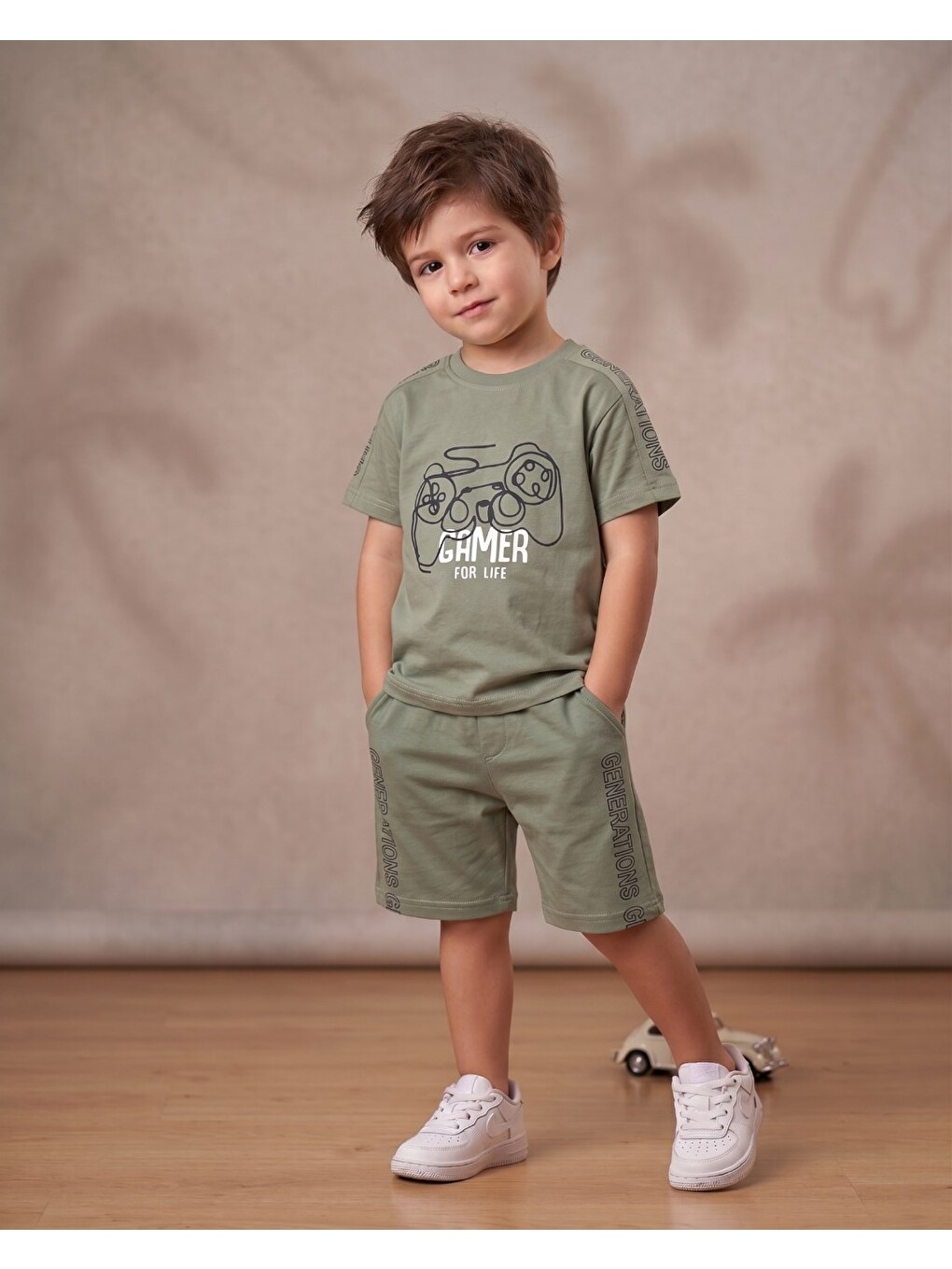 Haki Erkek Çocuk Yazlık Gamer Baskılı Şort T-shirt İkili Alt Üst Takım