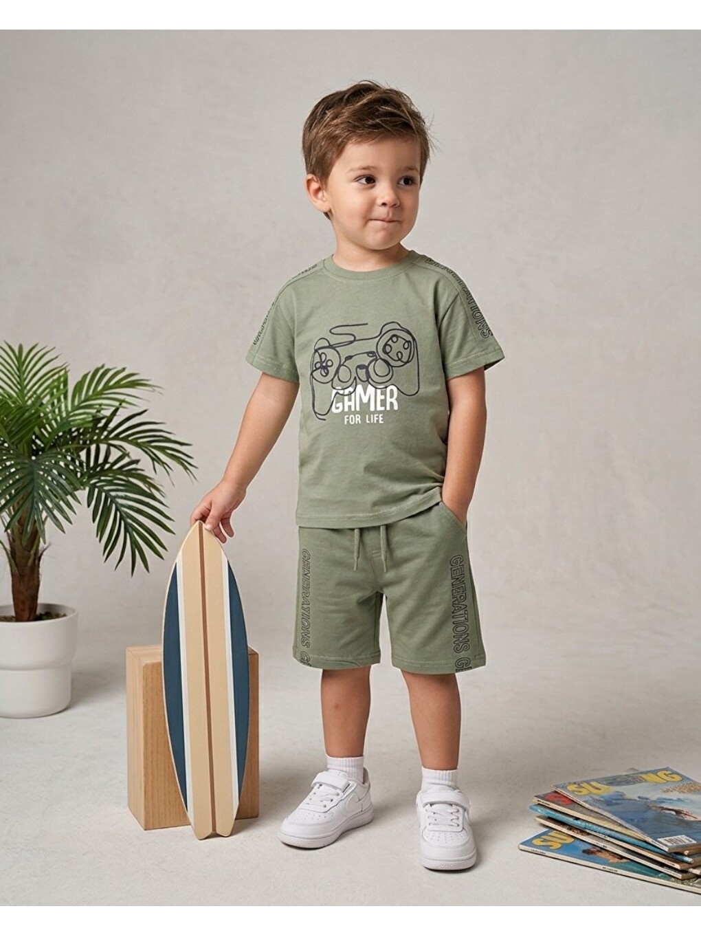 Haki Erkek Çocuk Yazlık Gamer Baskılı Şort T-shirt İkili Alt Üst Takım-1