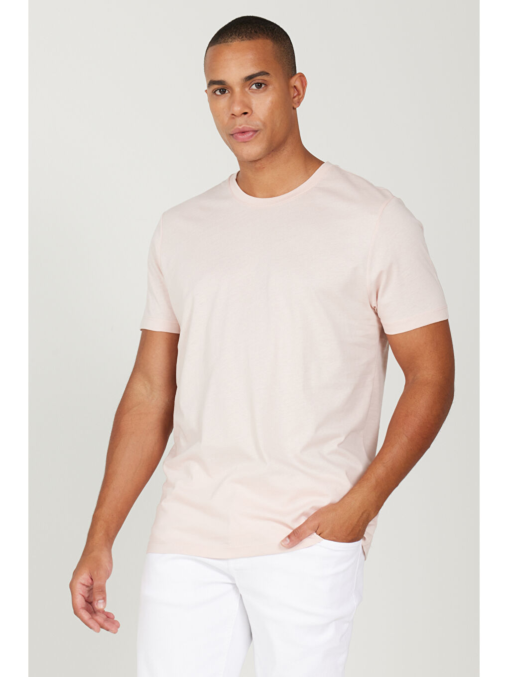 Pembe Erkek Gül Kurusu Slim Fit Dar Kesim %100 Pamuk Bisiklet Yaka Kısa Kollu Tişört