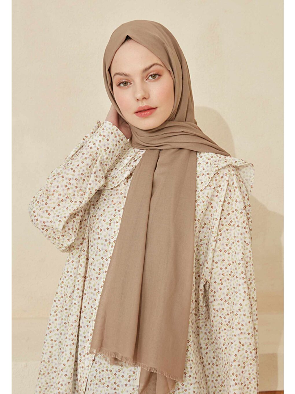 Bej İnce Pamuk Vual Şal Vizon-1