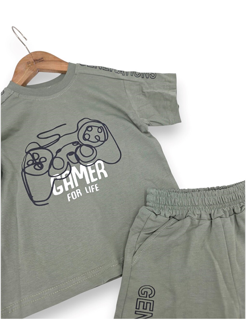 Haki Erkek Çocuk Yazlık Gamer Baskılı Şort T-shirt İkili Alt Üst Takım-5