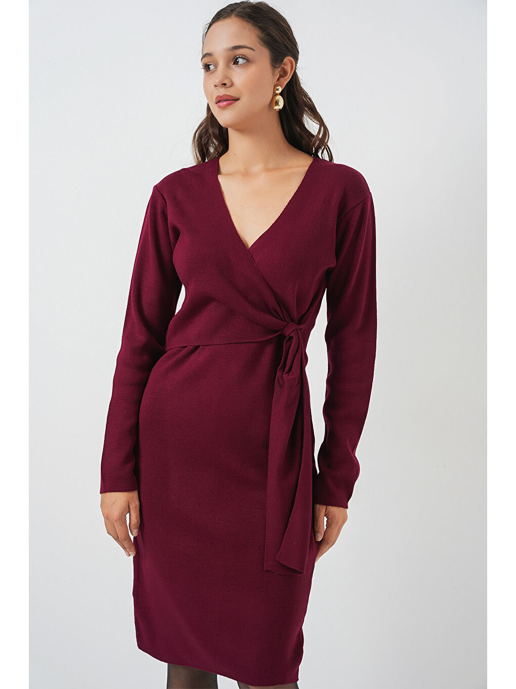 Kadın Kruvaze Yaka Triko Elbise 15928 - Bordo-3