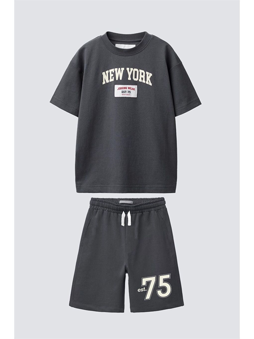 Siyah Erkek Çocuk Pamuklu Antrasit New York Baskılı Tişört Şort Takım-2