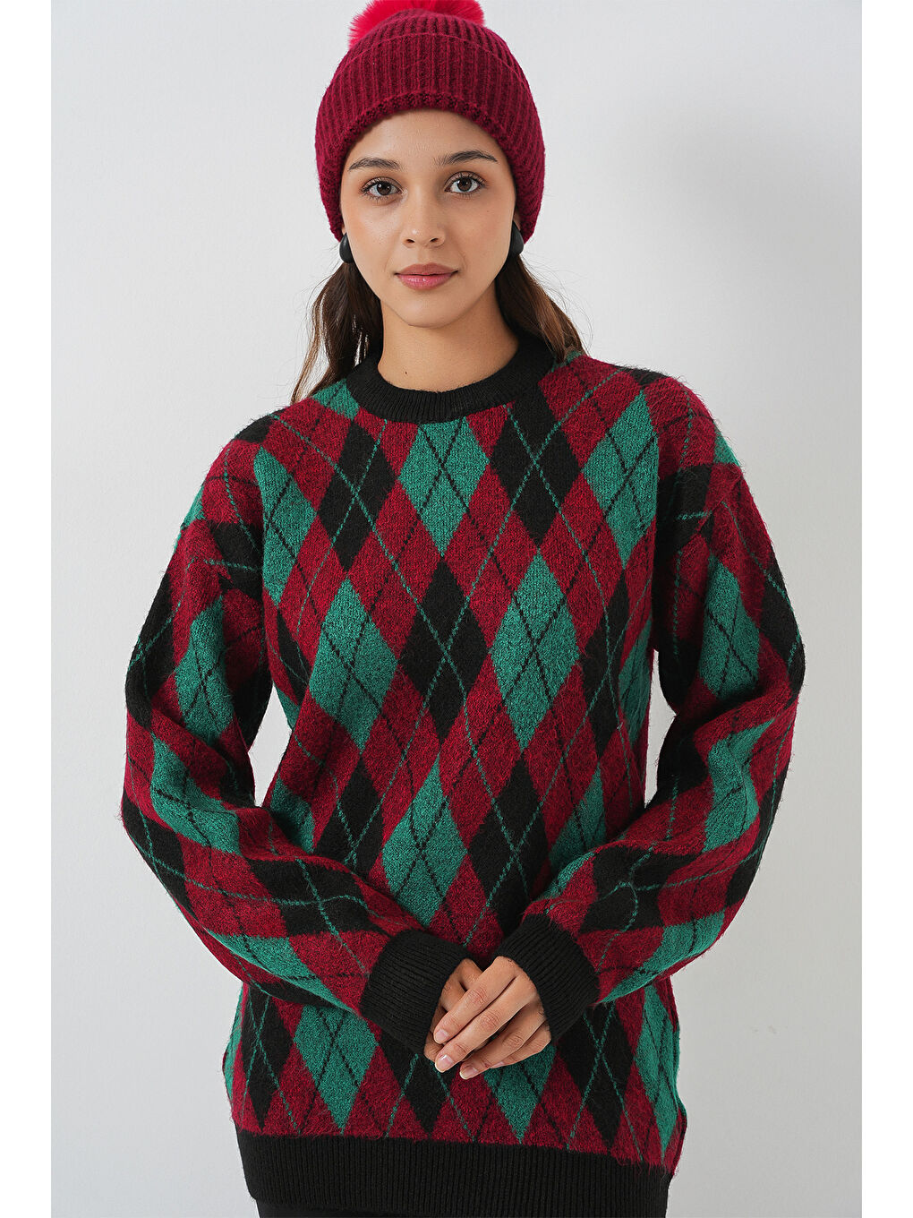 Kadın Baklava Desenli Triko Kazak 15929 - Bordo-3