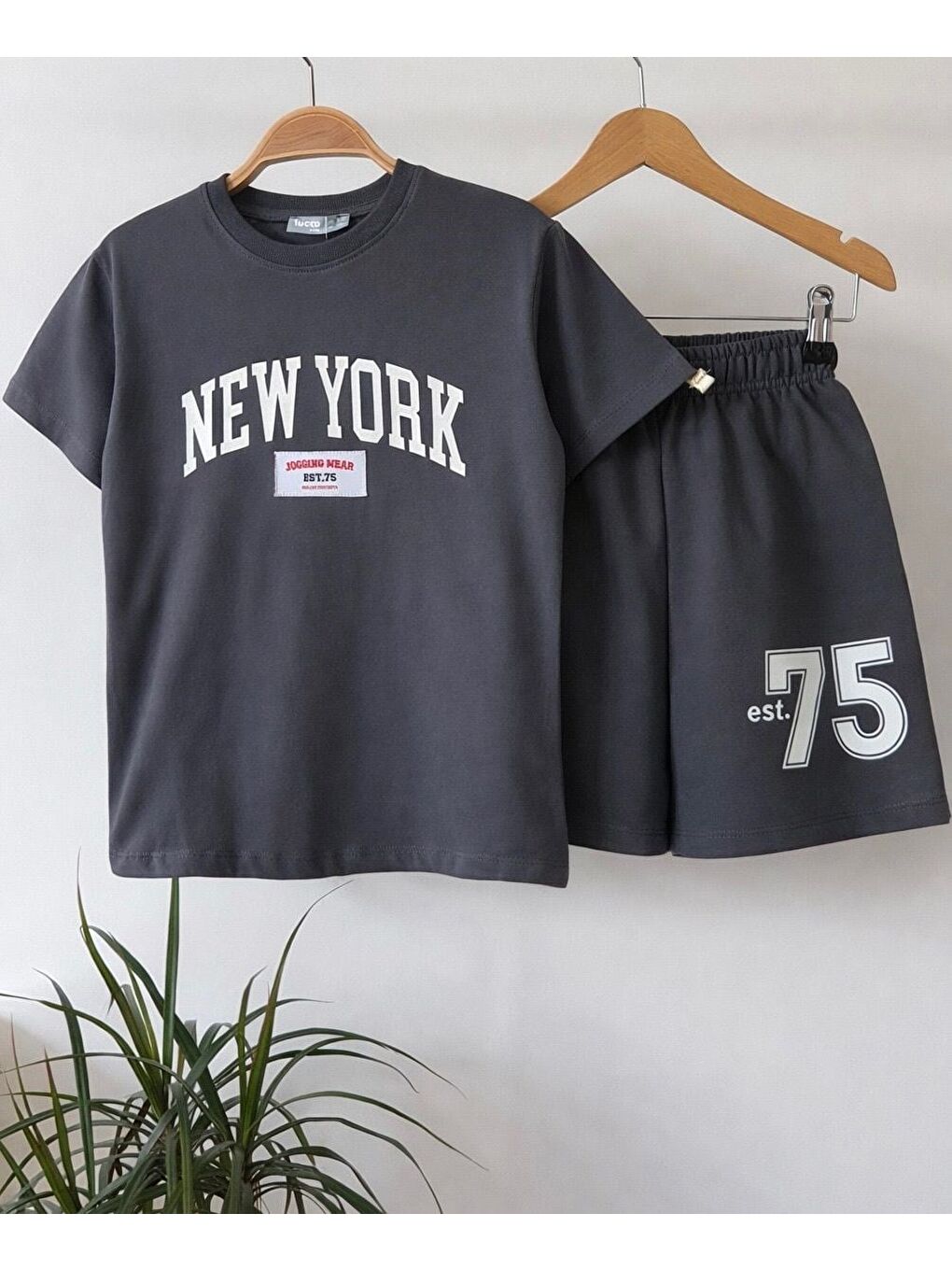 Siyah Erkek Çocuk Pamuklu Antrasit New York Baskılı Tişört Şort Takım-3