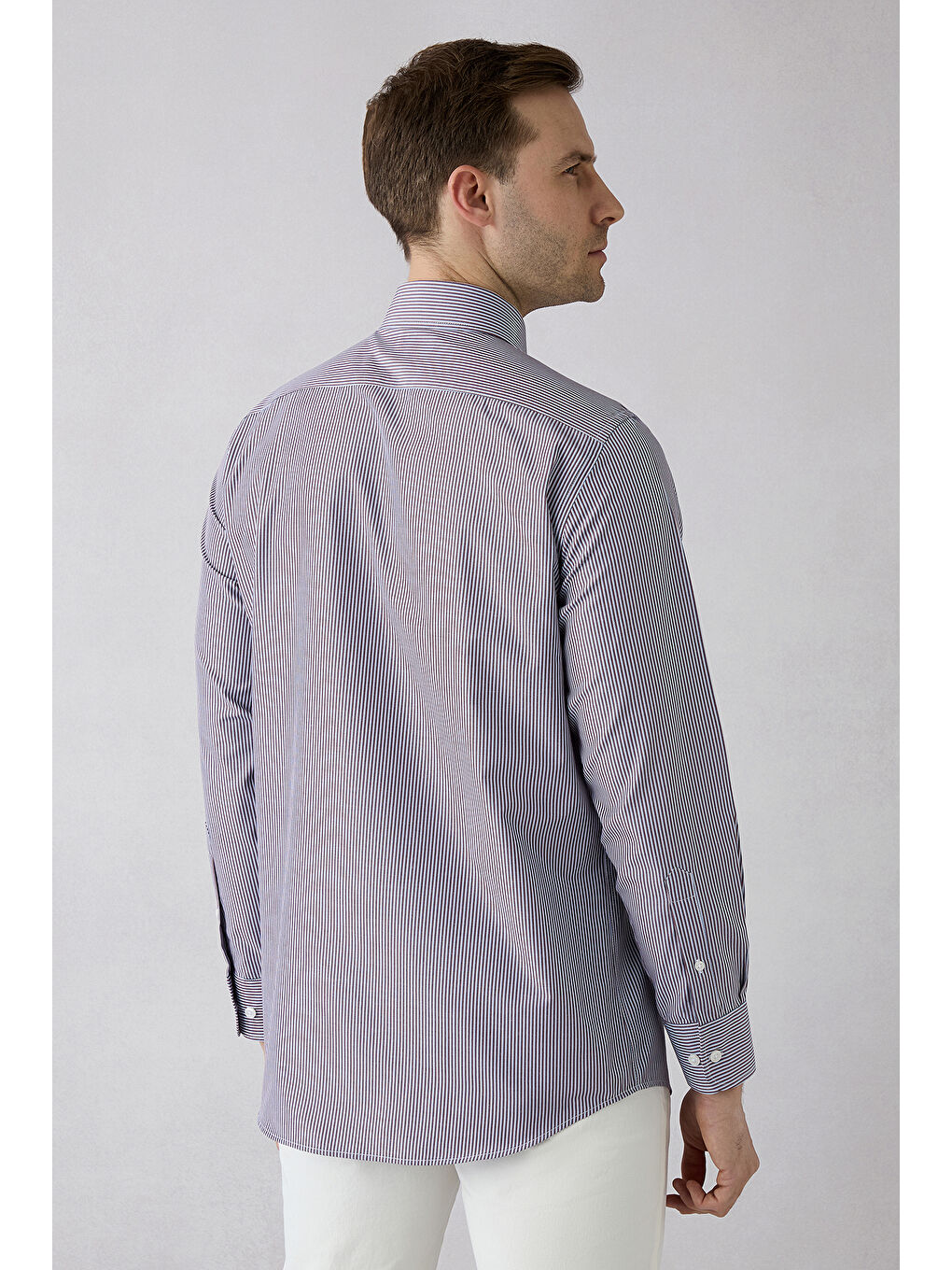 Bordo Uzun Kol Slim Fit Çizgili Gömlek-1