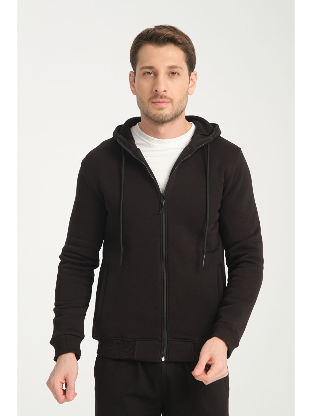 Siyah 3 İplik  Kapüşonlu Erkek Fermuarlı Sweatshirt Hırka 6052