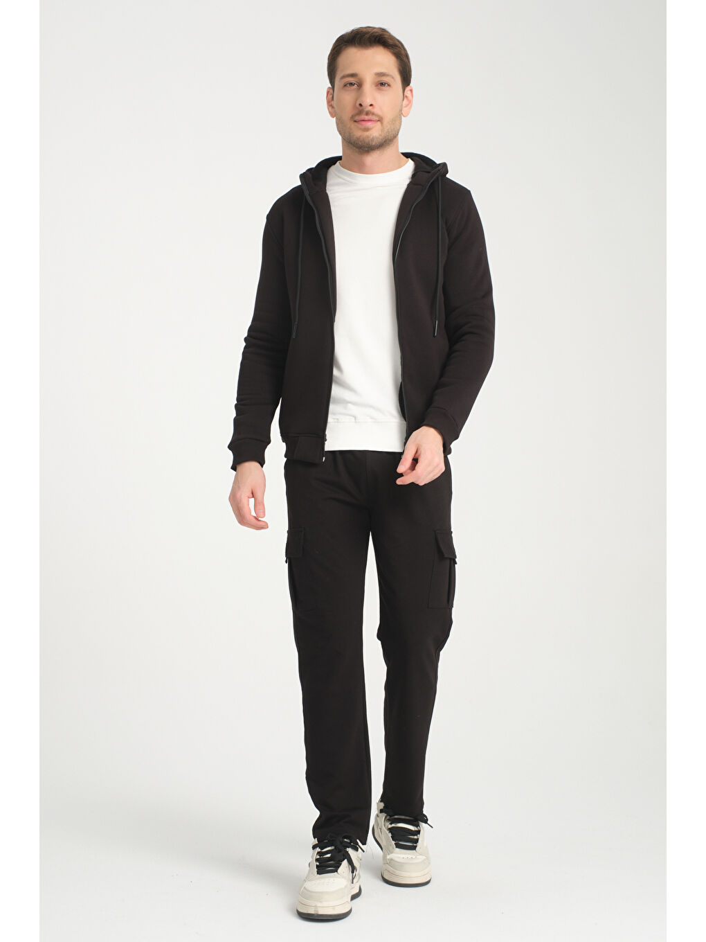 Siyah 3 İplik  Kapüşonlu Erkek Fermuarlı Sweatshirt Hırka 6052-1