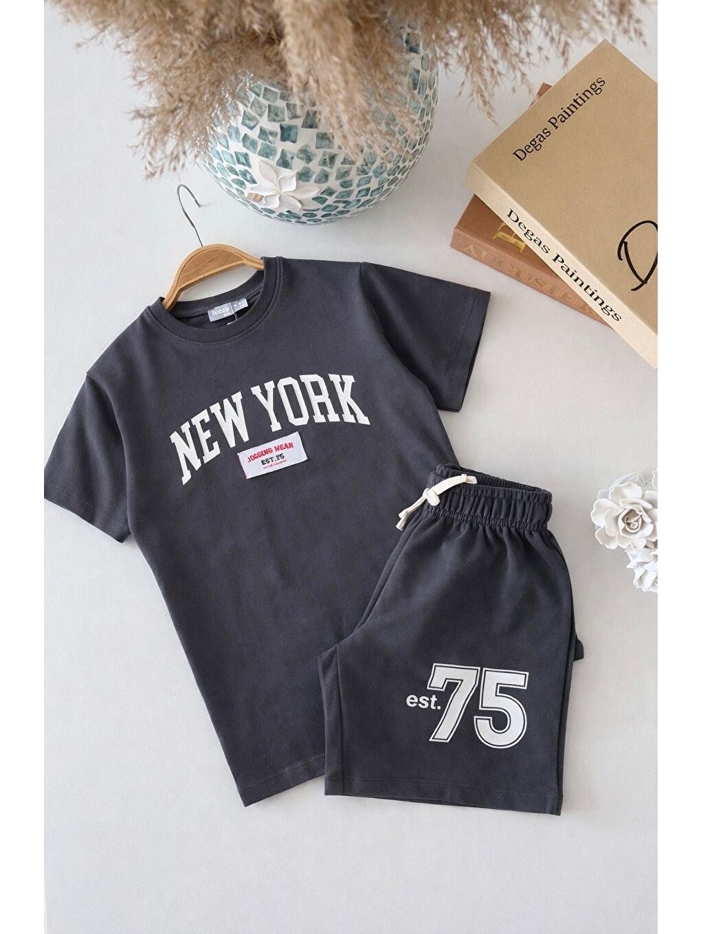Siyah Erkek Çocuk Pamuklu Antrasit New York Baskılı Tişört Şort Takım-4