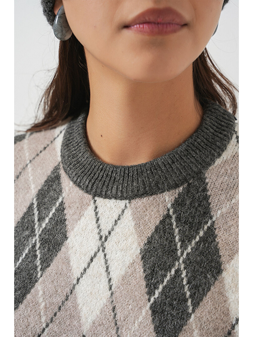 Kadın Baklava Desenli Triko Kazak 15929 - Gri-4