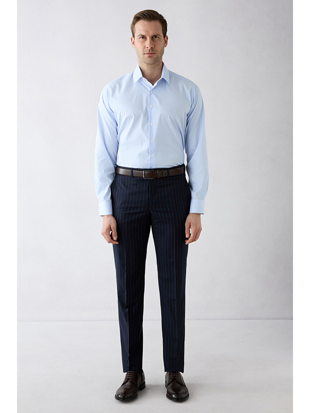 Mavi Uzun Kol Klasik Çizgili Pamuk Gömlek