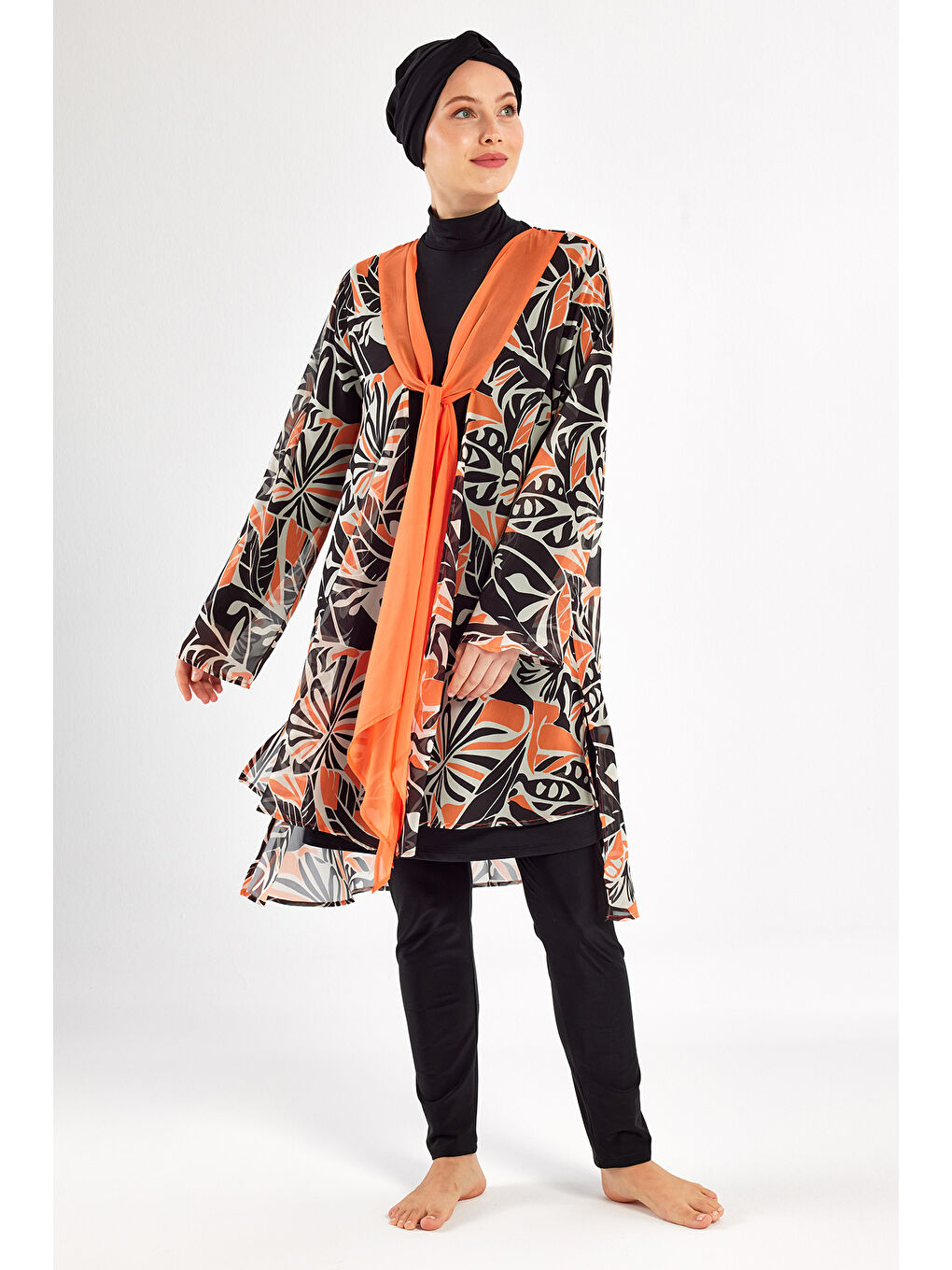 3'lü Pareolu UV Korumalı Tasarım Elastanlı Tam Kapalı Tesettür Mayo 1133 Siyah06-3