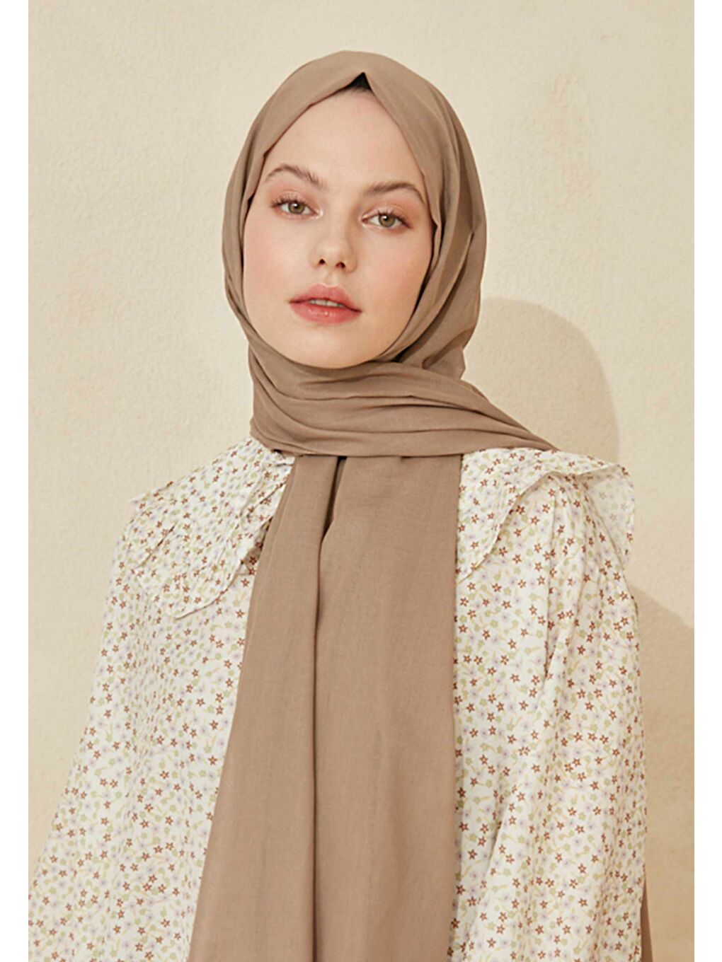 Bej İnce Pamuk Vual Şal Vizon-3