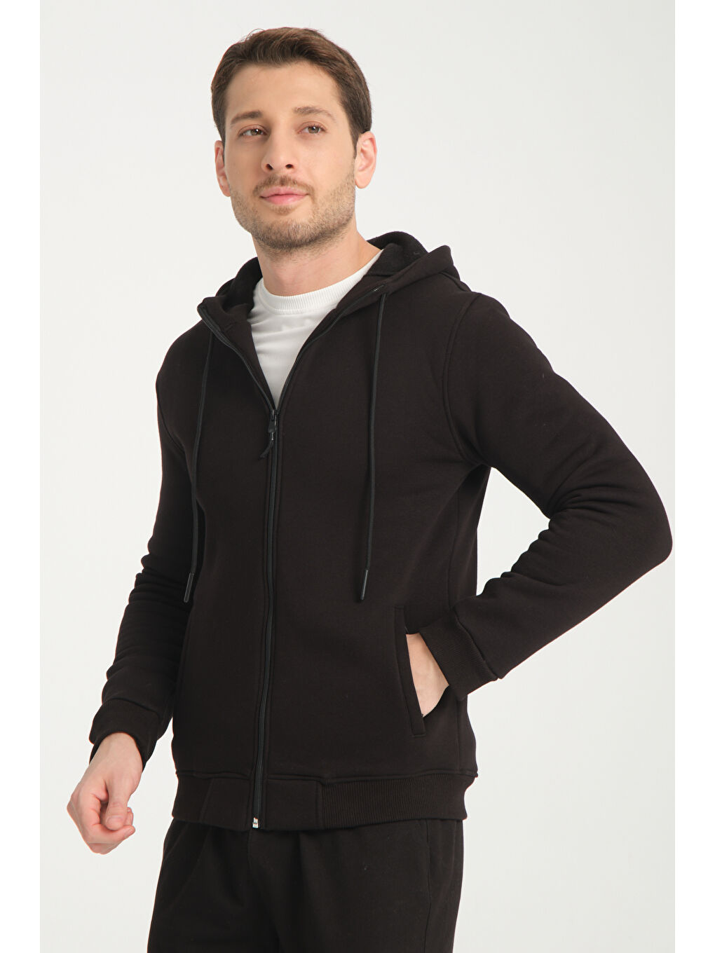 Siyah 3 İplik  Kapüşonlu Erkek Fermuarlı Sweatshirt Hırka 6052-4