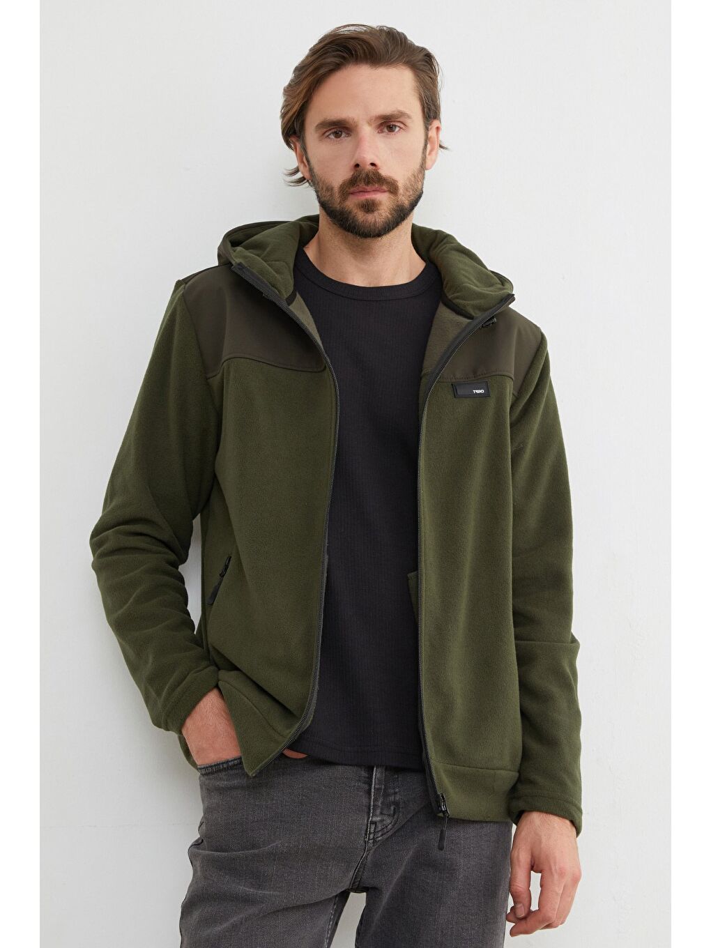 Haki Armalı Kapüşonlu Fermuarlı Polar Ceket