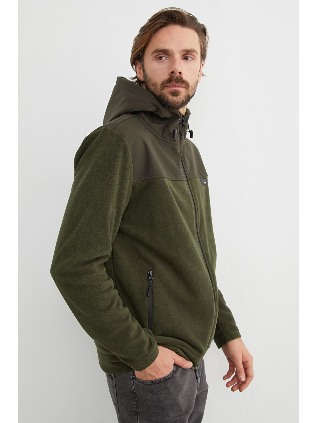 Haki Armalı Kapüşonlu Fermuarlı Polar Ceket-1