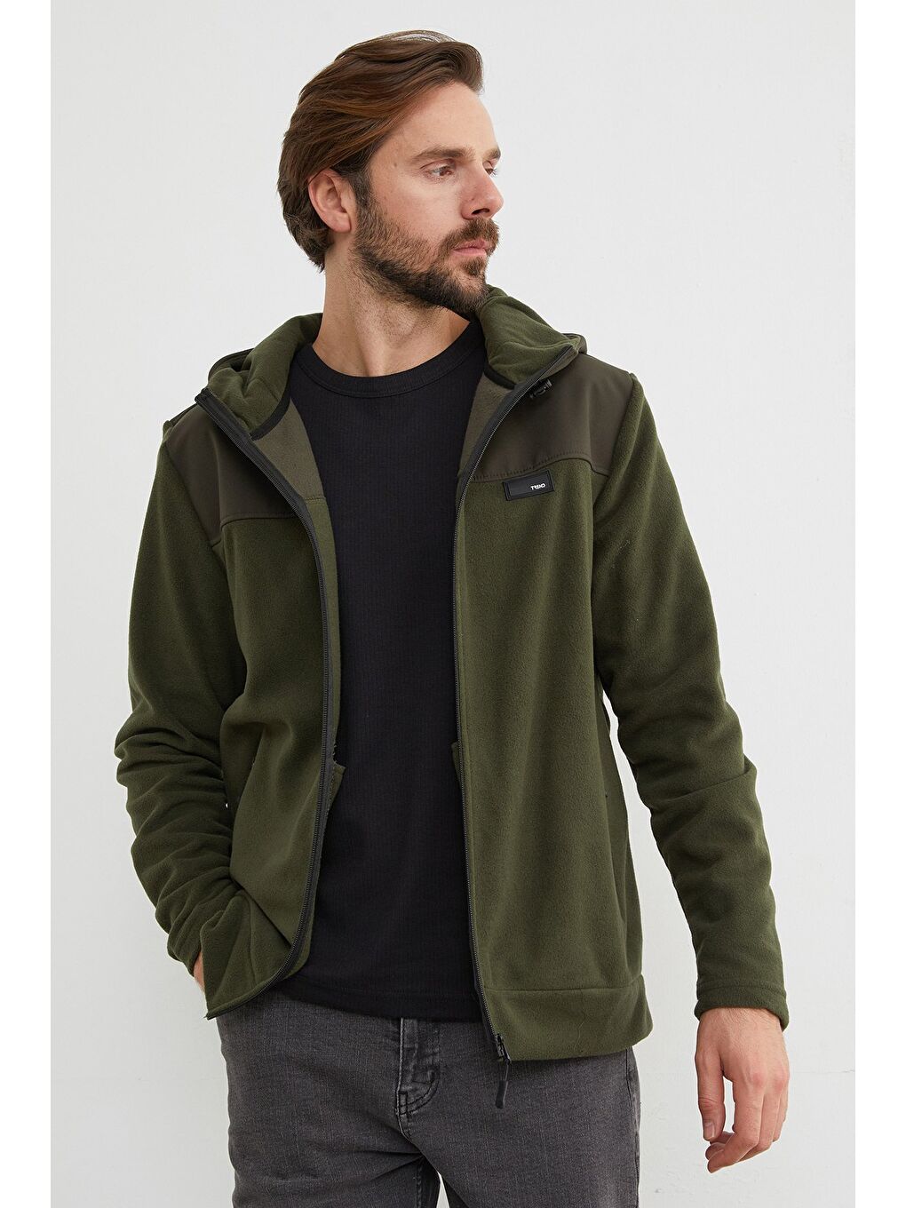 Haki Armalı Kapüşonlu Fermuarlı Polar Ceket-2