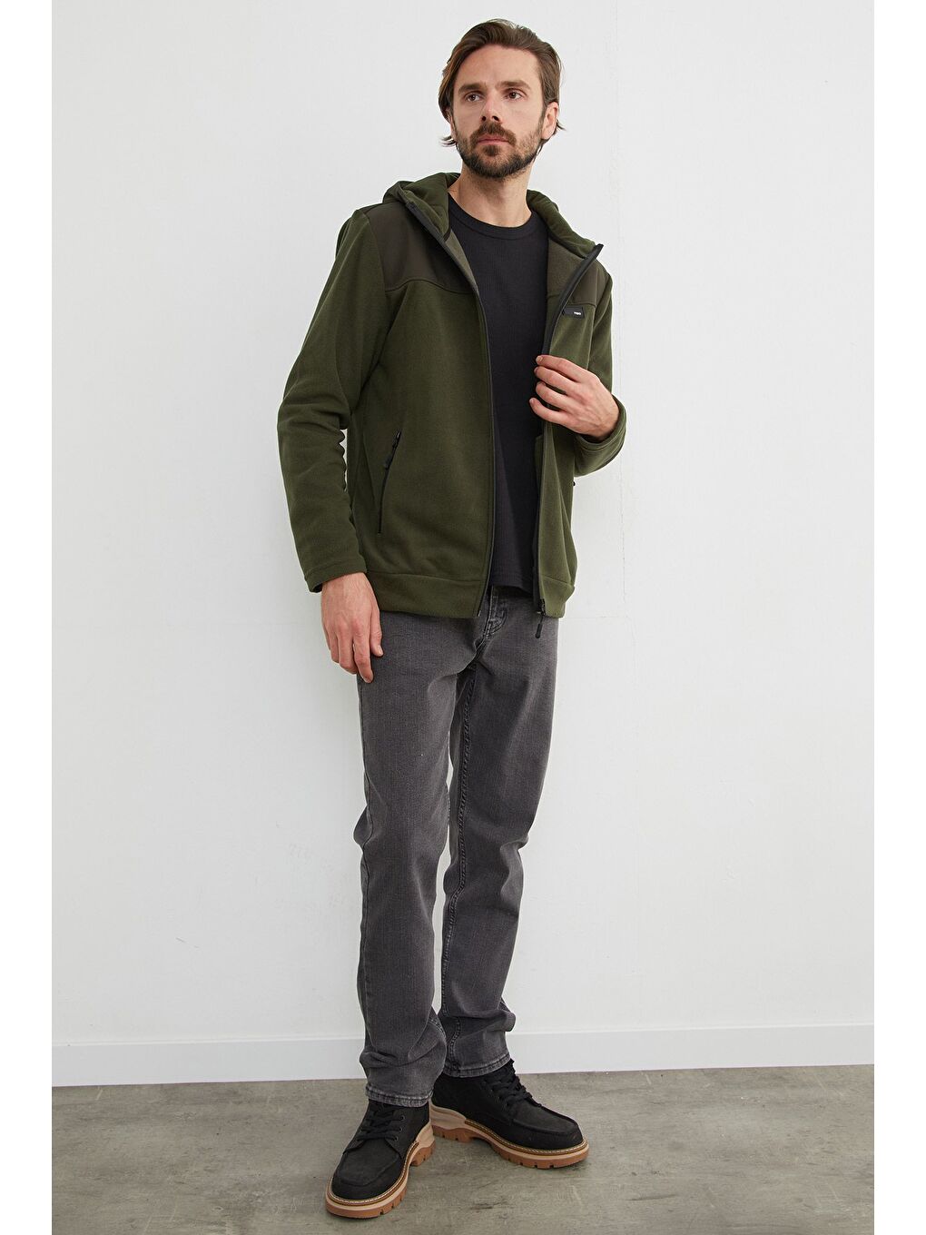 Haki Armalı Kapüşonlu Fermuarlı Polar Ceket-3