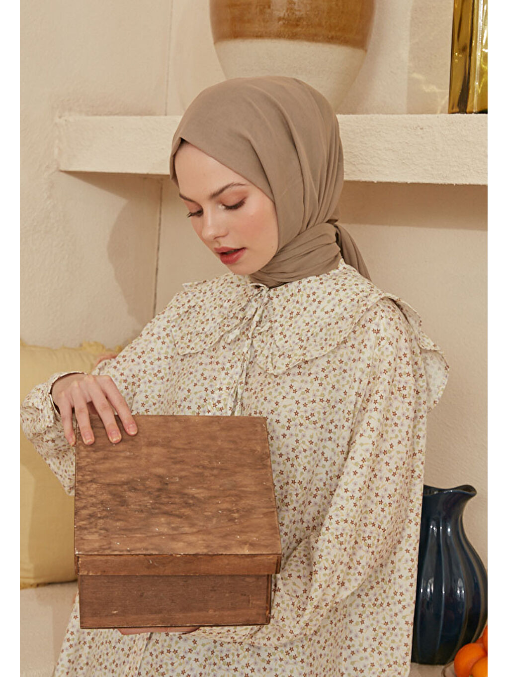 Bej İnce Pamuk Vual Şal Vizon-4