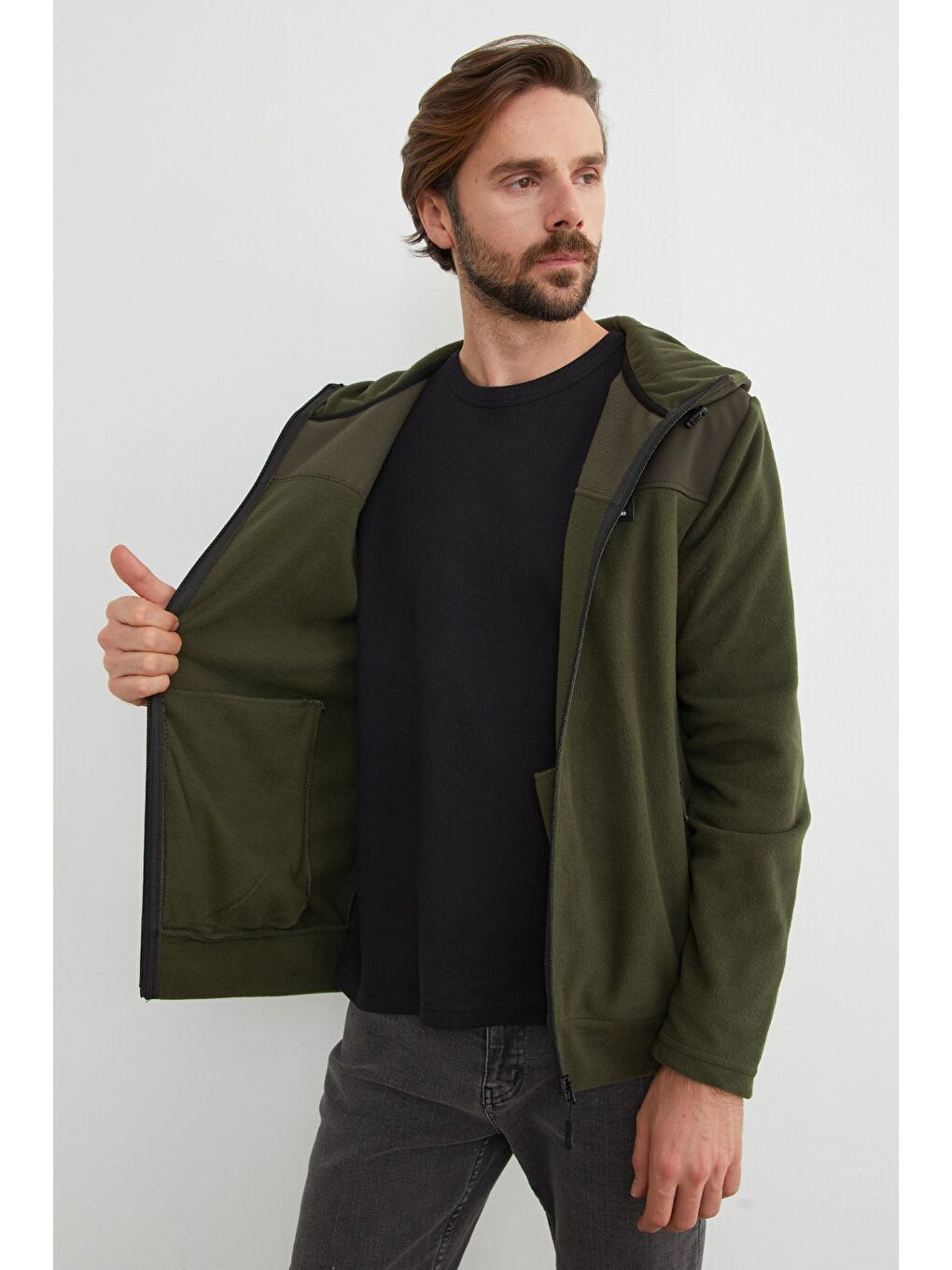 Haki Armalı Kapüşonlu Fermuarlı Polar Ceket-4