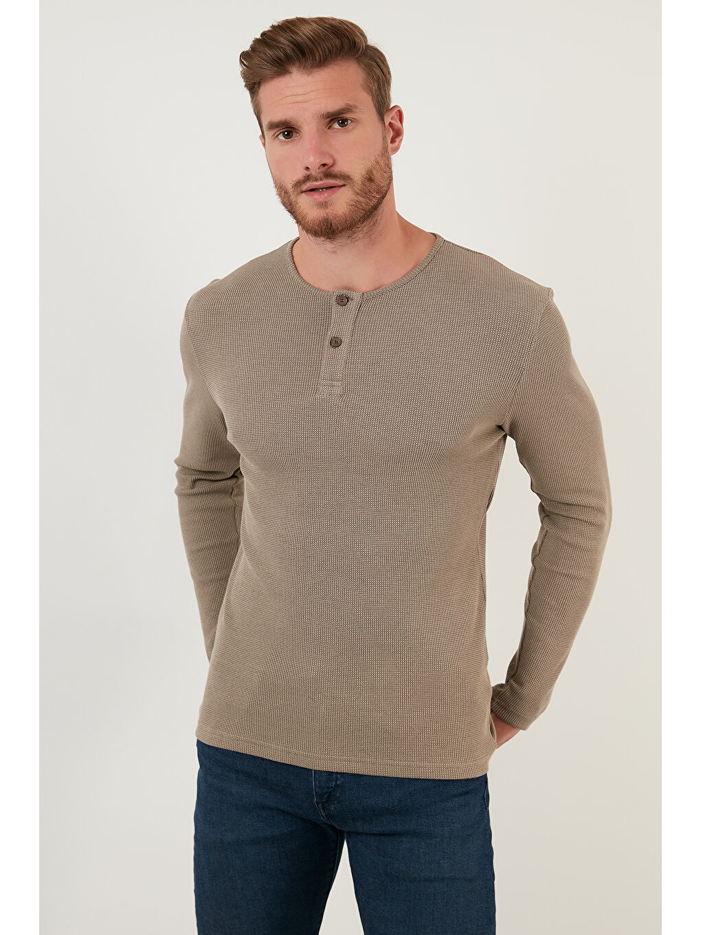 Bej Pamuklu Düğme Detaylı Bisiklet Yaka Erkek Sweat 5905070-3