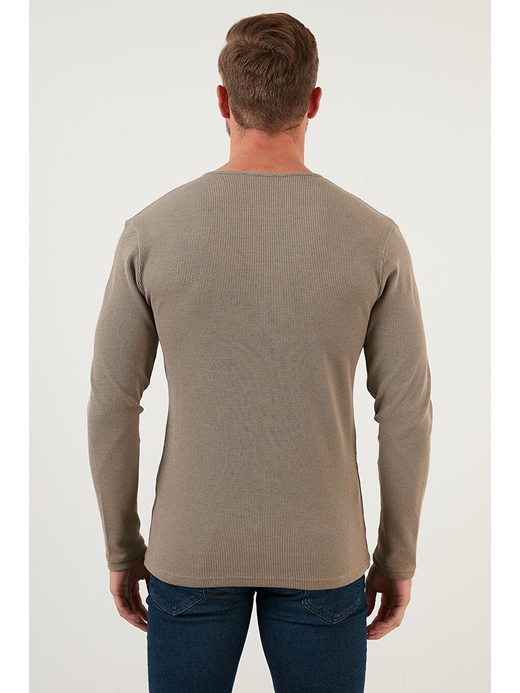 Bej Pamuklu Düğme Detaylı Bisiklet Yaka Erkek Sweat 5905070-4