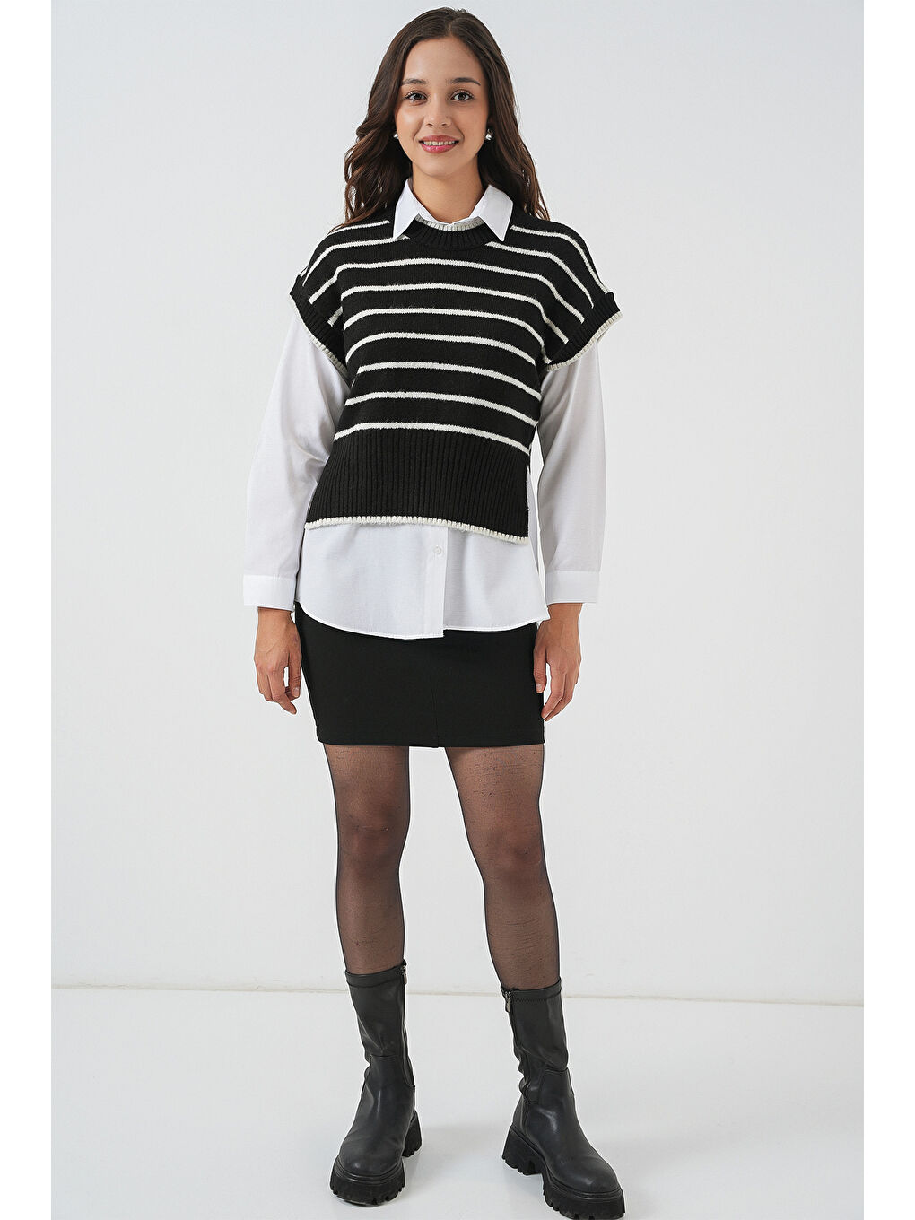 Kadın Çizgili Triko Süveter 15926 - Siyah-1