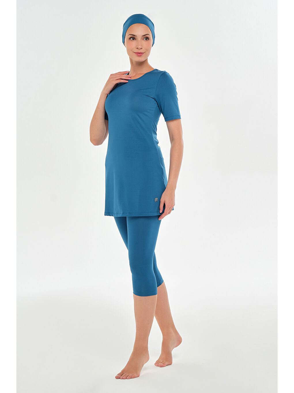 Büyük Beden Kısa Kollu Taytlı Elastanlı Yarı Kapalı Mayo 0572 Petrol01-1