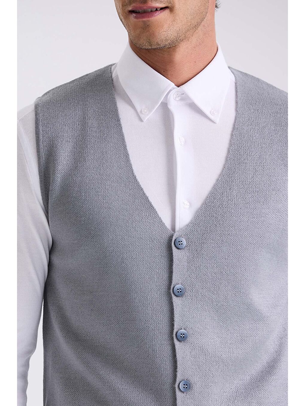 Gri Slim Fit Düğmeli Triko Yelek-2