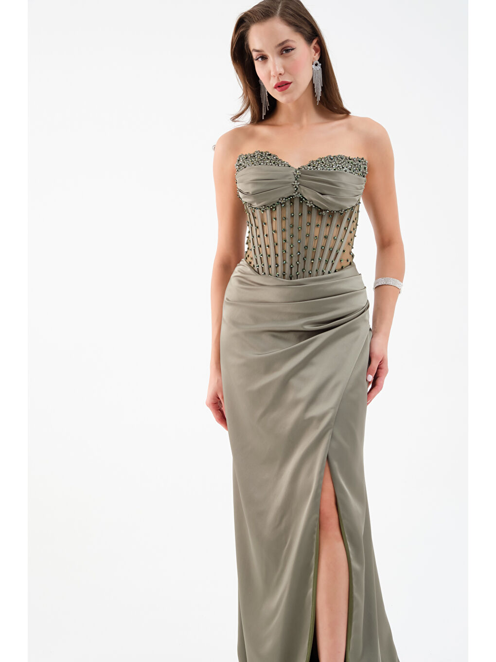 Kadın Haki Straplez Boncuklu Uzun Saten Abiye Elbise-2