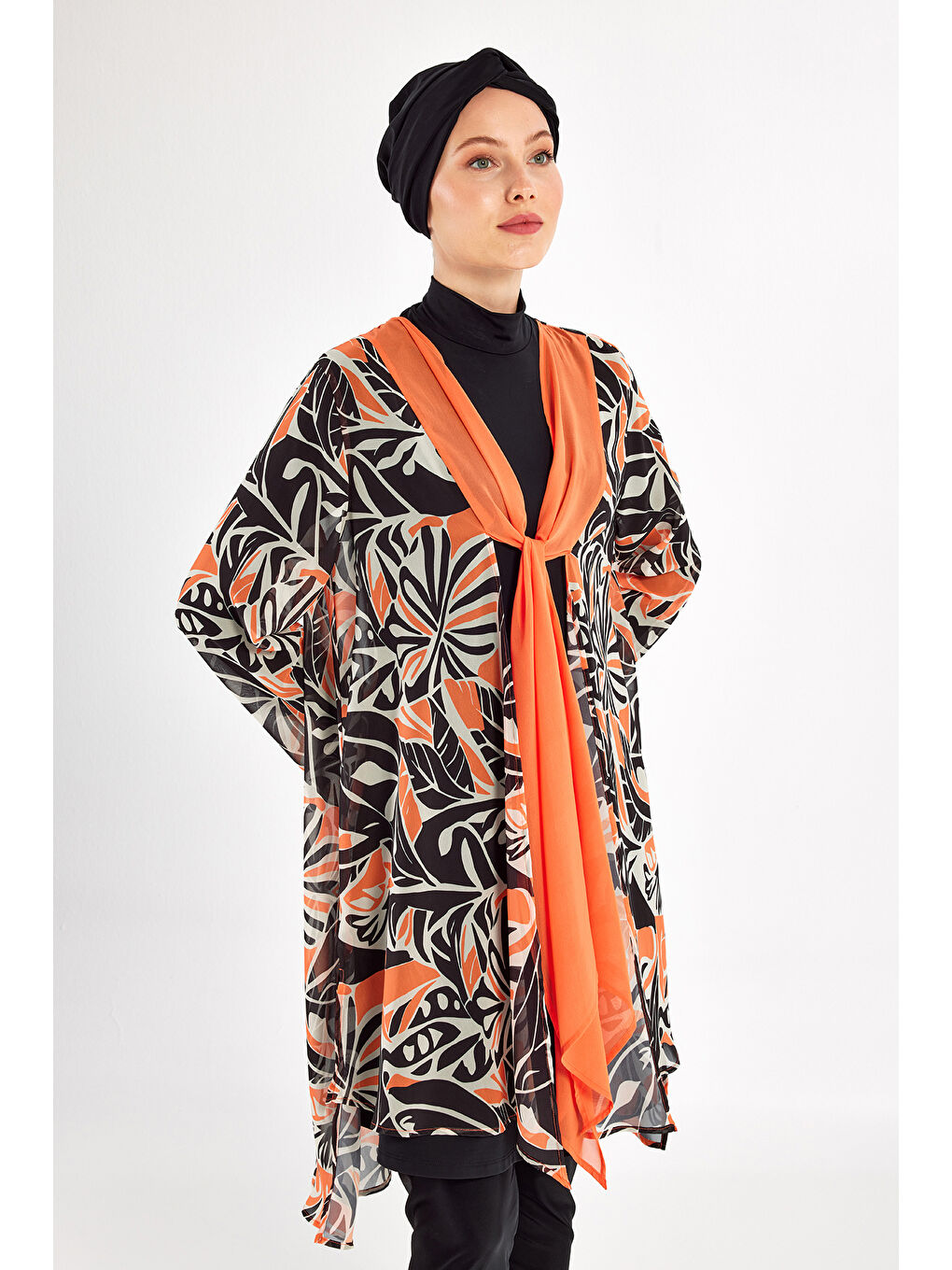 3'lü Pareolu UV Korumalı Tasarım Elastanlı Tam Kapalı Tesettür Mayo 1133 Siyah06-4