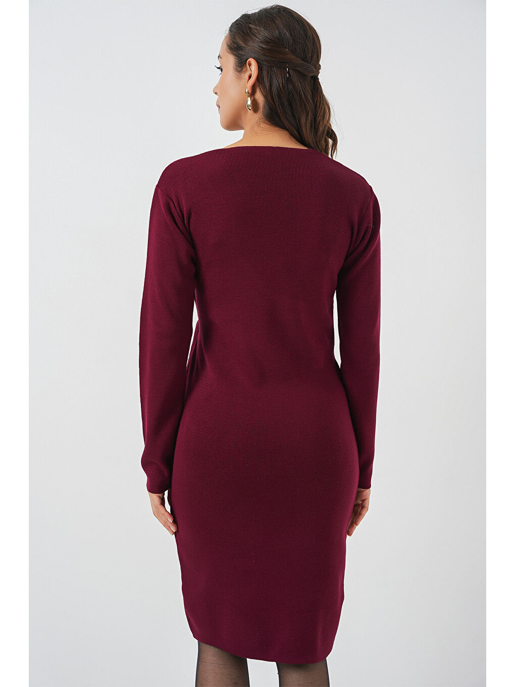Kadın Kruvaze Yaka Triko Elbise 15928 - Bordo-5