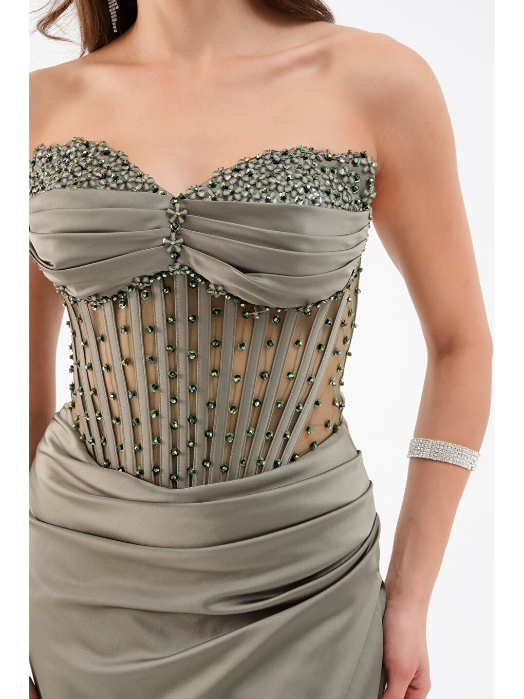 Kadın Haki Straplez Boncuklu Uzun Saten Abiye Elbise-3