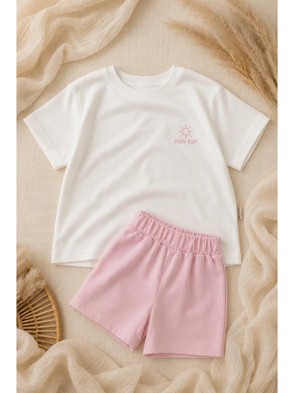 Pembe Unisex Çocuk Mini Sun Baskılı Oversize Tişört Şort Yazlık Takım 1-5 Yaş