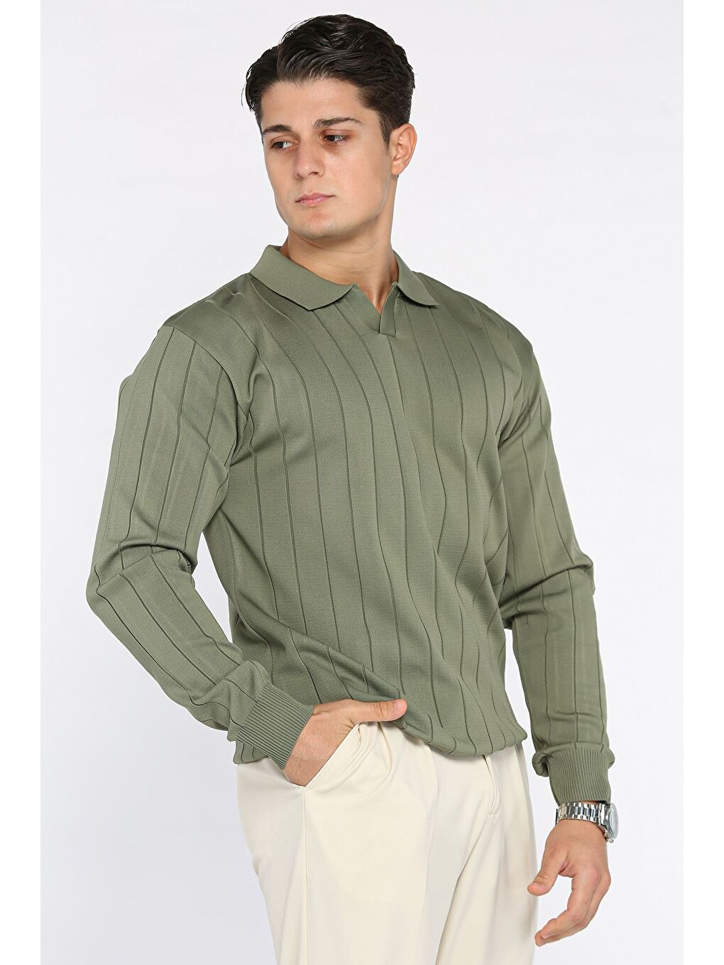 Haki Polo Yaka Çizgi Desenli Erkek Triko Kazak-1