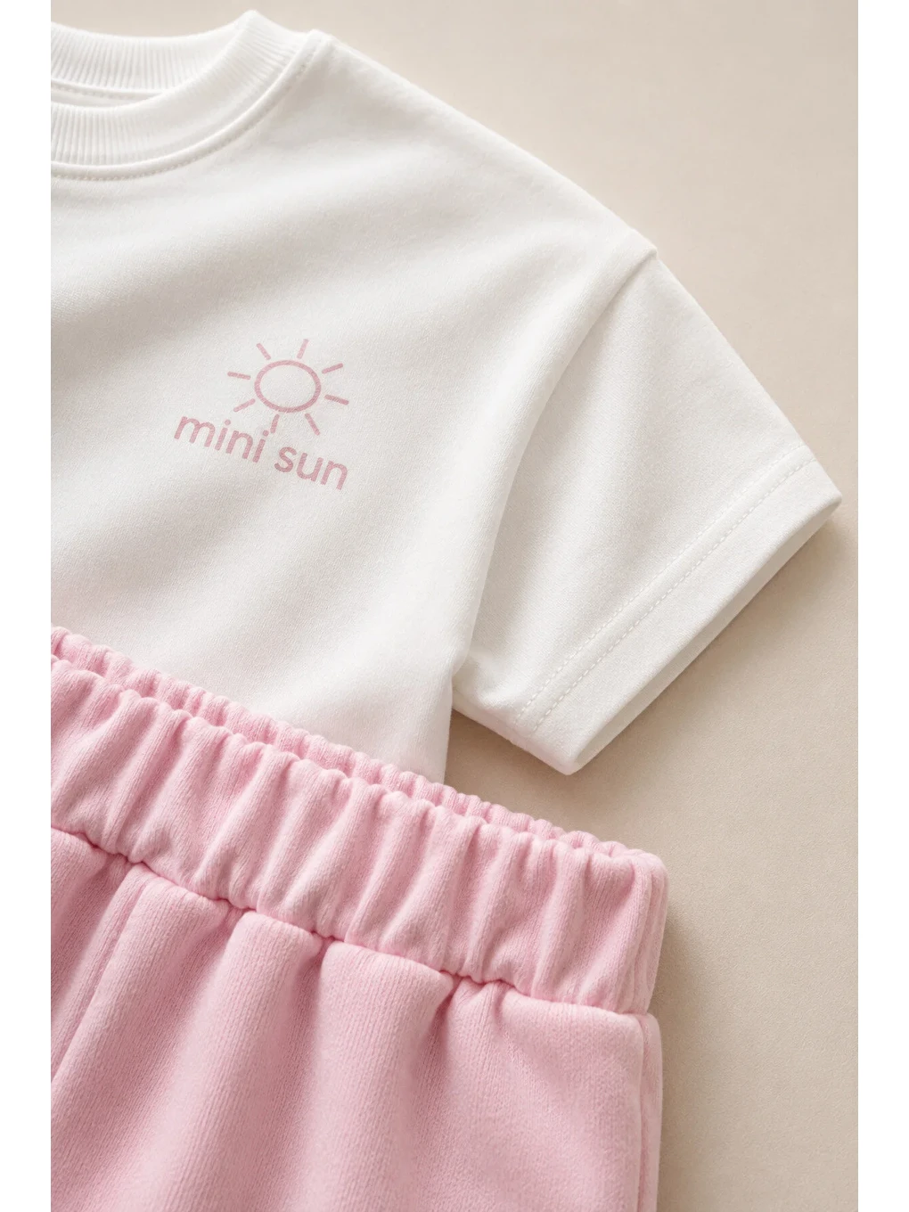 Pembe Unisex Çocuk Mini Sun Baskılı Oversize Tişört Şort Yazlık Takım 1-5 Yaş-1
